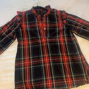 J. Crew Classic Fit Ruffle Popover Black Plaid Button Down Shirt